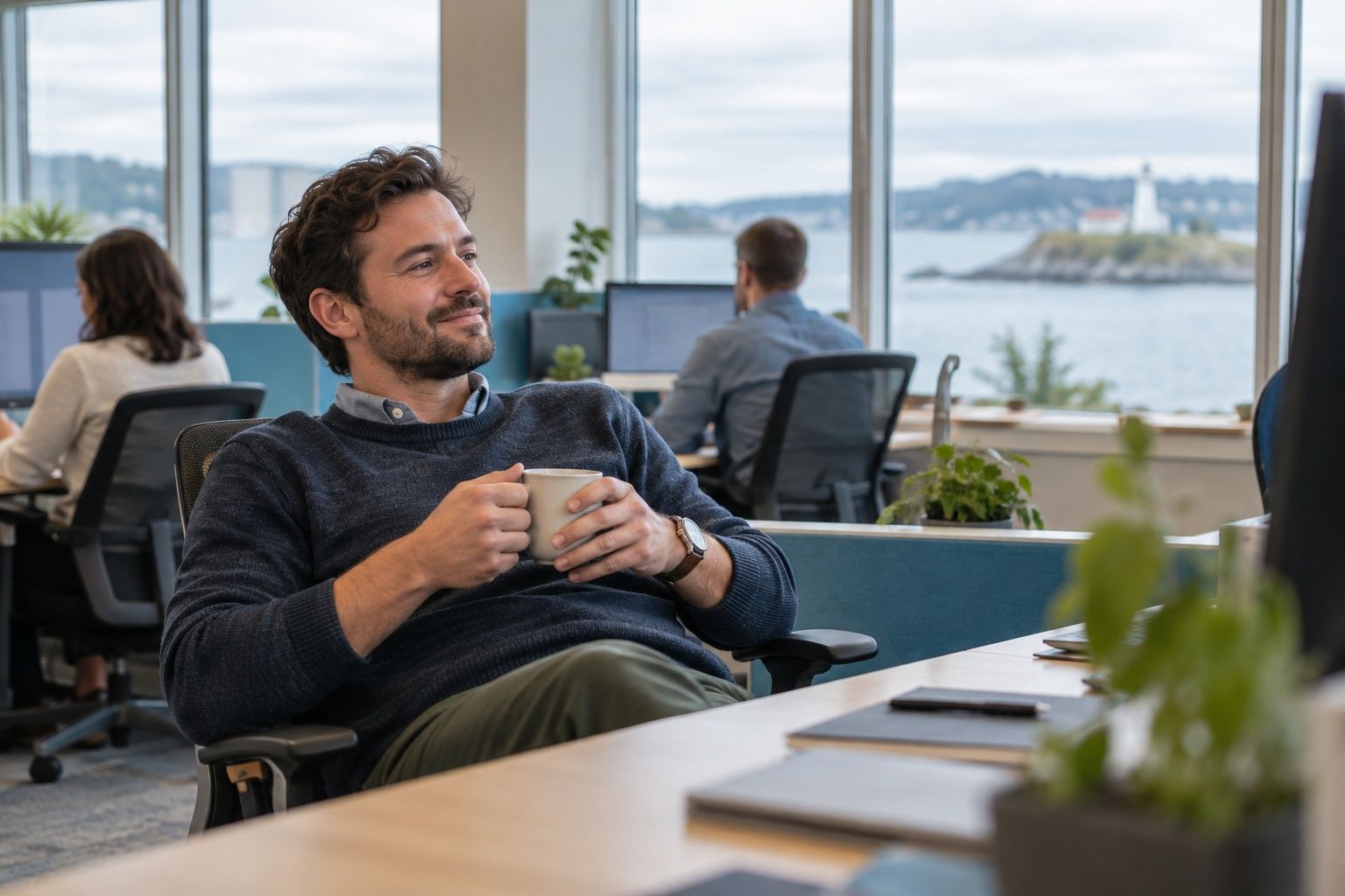 A manager leaning back at his desk with a coffee